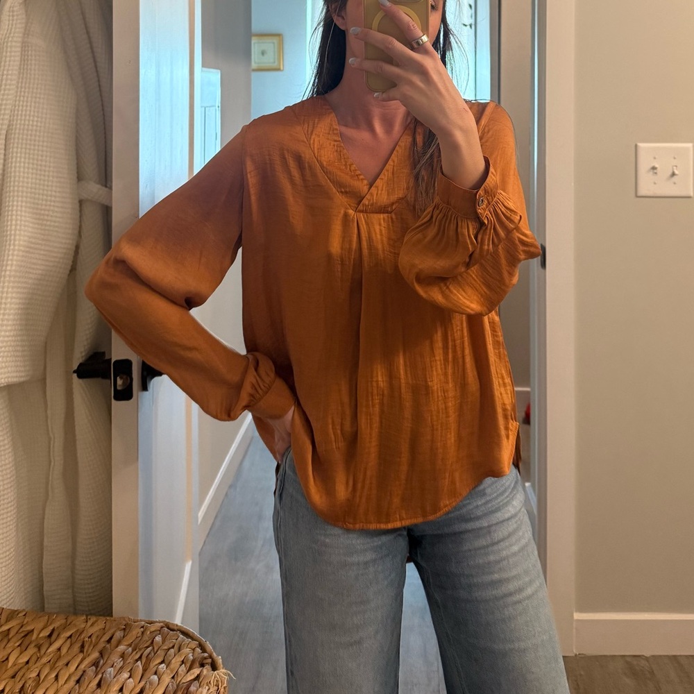 Vici Satin-Look V-Neck Blouse in Rust Orange